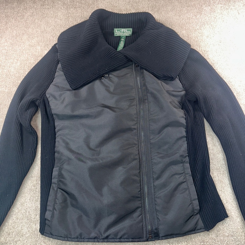 Lauren Ralph Lauren Active Mixed Media Ribbed Knit Puffer Jacket Black M